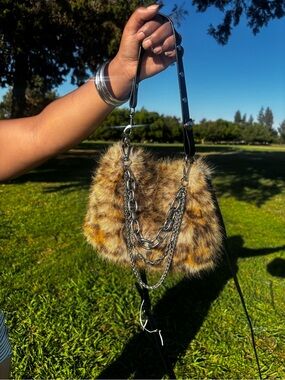 Faux Fur Chain-Accent Shoulder Bag in Brown
